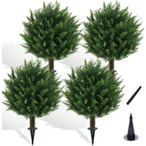 Chillchard 21" Artificial Cypress Topiary Outdoor Plants with Spike, 4 Pack Faux Cedar Bushes UV Resistant Fake Shrubs for Front Porch Dcor