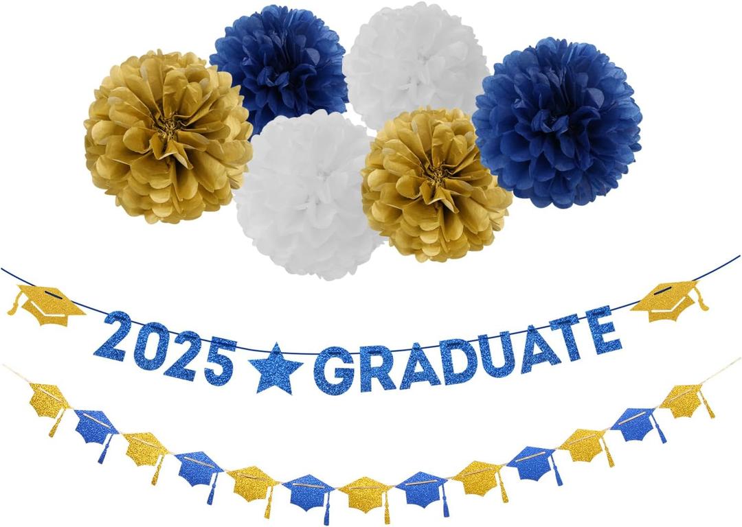 Navy-Blue White-Gold Party-Decoration Graduation Banner - 8pcs Kits Cap Garland Streamers, Paper Tissue Pom Poms Flowers, 2025 Craduate Banner Congratulations Grad Decor Lasting Surprise