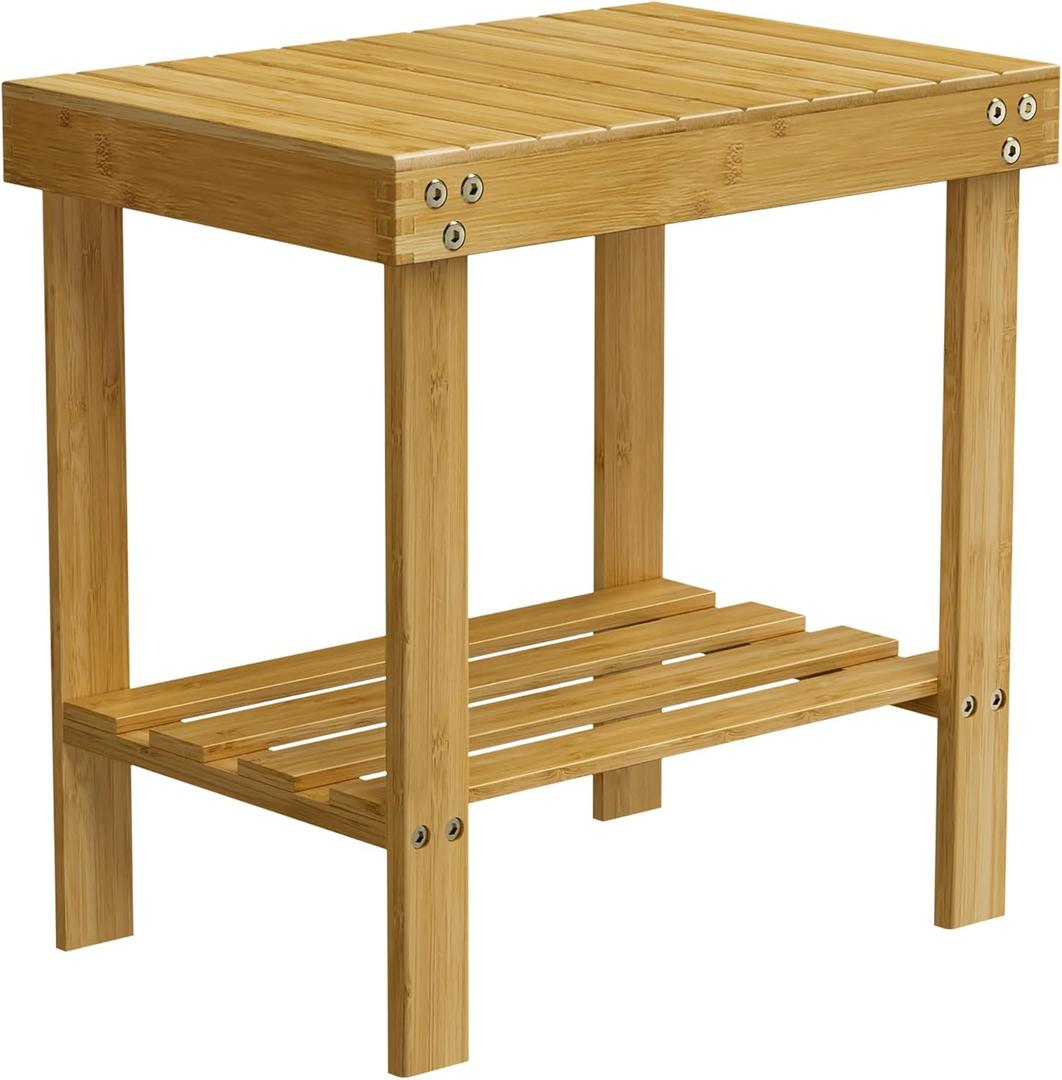Bamboo Shower Bench, Shower Chair with Non-Slip Feet Storage Shelf Safe and Stable, Kids Adults Wooden Stool for Bathroom, Bedside, Living Room, Spa (10.98"D x 15.75"W x 16.14"H)