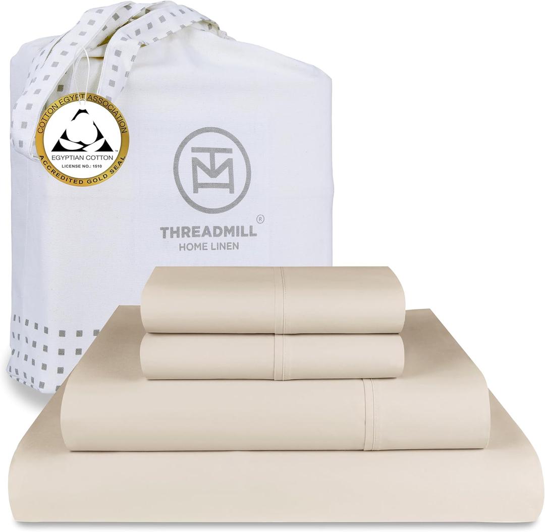 Threadmill Egyptian Cotton Sheets for King Size Bed | 100% Certified Egyptian Cotton King Bed Sheets Set | Snug Fit Elastic Deep Pocket King Sheets Soft, Breathable All Season Solid Sateen | Beige