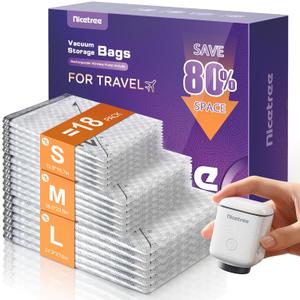 18-Pack Vacuum Bags for Travel with Rechargeable Pump, Compression Packing Bags for Carry-On Luggage & Suitcase, Vacuum Seal Bags for Clothing, 3 Sizes for Travel & Home Storage