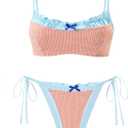 ZAFUL Bikini Sets for Women Plaid Ruffles Trim Swimsuit Sexy Tie Back Bowknot Triangle High Cut Tie Side Thong Bathing Suit (M)