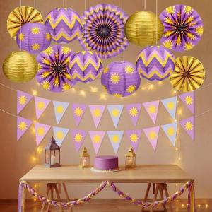 17 Pcs Purple Sun Party Decorations Purple Sun Flag Banner Bunting Garland Hanging Paper Lanterns Paper Fans for Birthday Wedding Baby Shower Party Lavender Photo Props