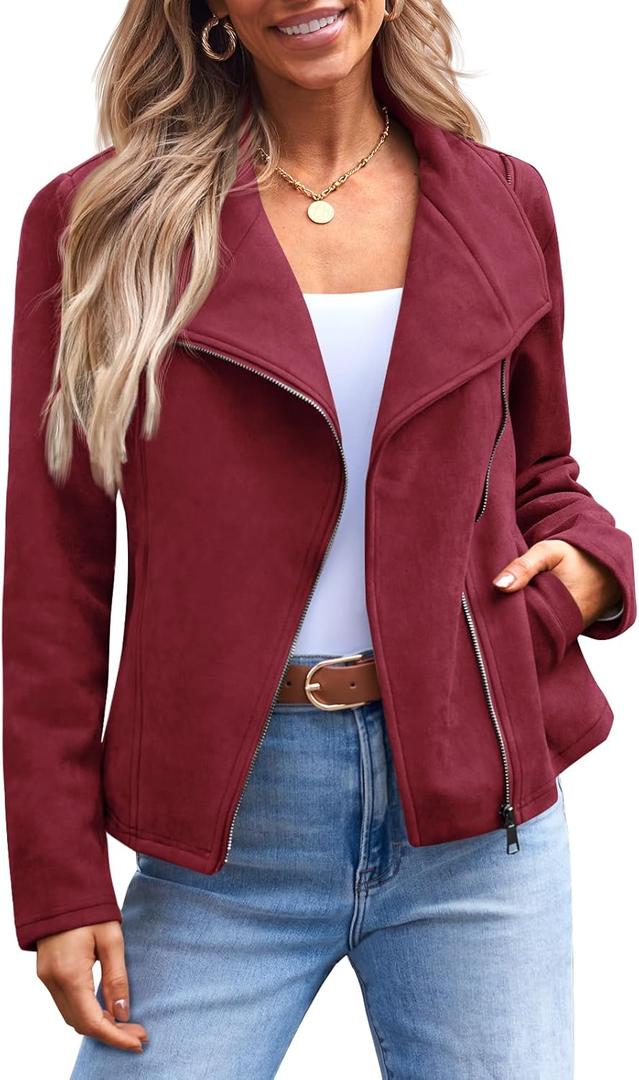 AUTOMET Womens Faux Suede Leather Jacket, Cropped Open Front Coat for Fall Winter Spring, Cardigan Style (Winered), L