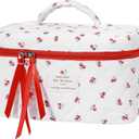 senbowe Large Quilted Makeup Bag, Cotton Floral Cosmetic Bag for Women, Cute Coquette Aesthetic Makeup Bag Toiletry Bag, Travel Make Up Organizer Bag with Zipper and Ribbon (Red Cherry)