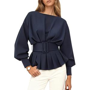 Burtell Boat Neck Long Sleeve Shirts Tops for Women Slim Fit Crew Neck Ruffle Pullover Sweatshirt Fall Peplum Tops with Belt Navy, Blue, Size L