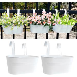 12" Balcony Railing Planters, Outdoor Hanging Planter for Fence, Stylish Metal Porch Deck Flower Pot for Herbs & Succulents (White, Pack of 2)