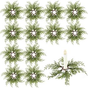 12 Pack Christmas Pine Taper Candle Rings Wreaths Decorations 1.38 Inch Mini Pine Taper Candle Holder Wreaths for Xmas Holiday Church Home Table Centerpiece Candlesticks Decor