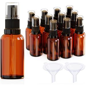 12Pack 1oz Amber Glass Pump Bottles, 30ml with Black Pump, Empty Refillable Travel Small Container For Lotion Cream Essentil Oil Shampoo (1oz)