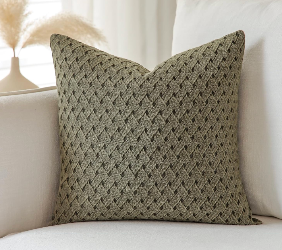 FIOUOVO 18x18 Cotton Green Decorative Neutral Couch Pillows for Living Room Set of 1, Olive Green