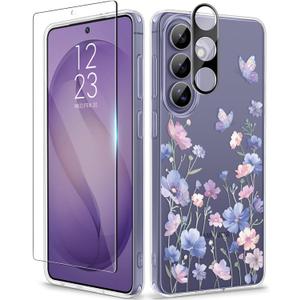 GVIEWIN for Samsung Galaxy S26 Case, Clear Floral Slim Shockproof Protective Women Phone Case, Non-Yellowing, with Screen Protector & Camera Lens Protector for Galaxy S26 6.3", Bloomwing/Blue