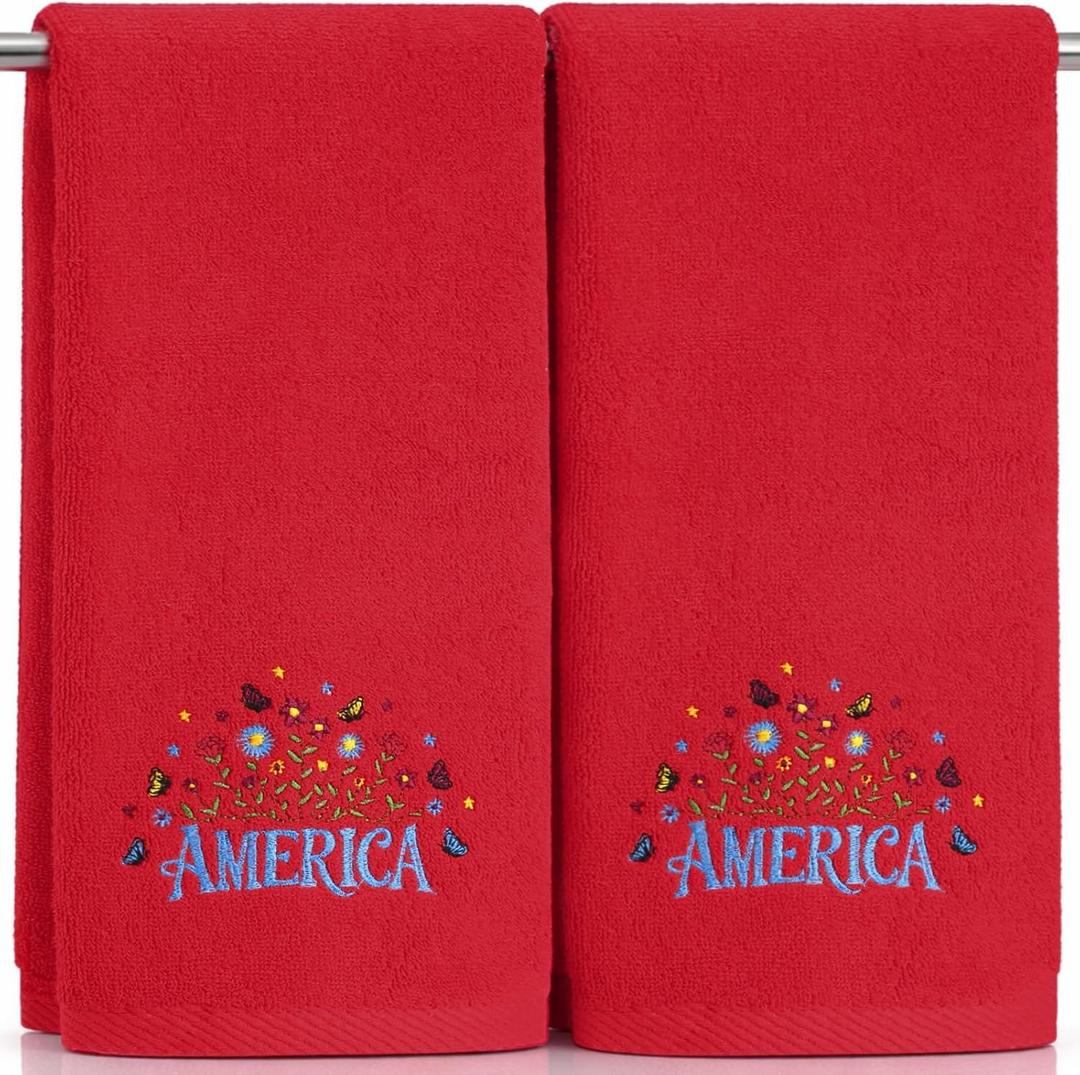 Tudomro 2 Pcs 4th of July Hand Towels Red 100% Cotton Embroidered Red White & Blue America Flower Design 15 x 29 Inches Decorative Bath & Kitchen Towels for USA Patriotic Independence Day 250th