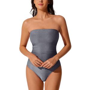 RXRXCOCO Women Tummy Control One Piece Swimsuits Ruched Strapless Bathing Suits Slimming Swimwear (Gray)