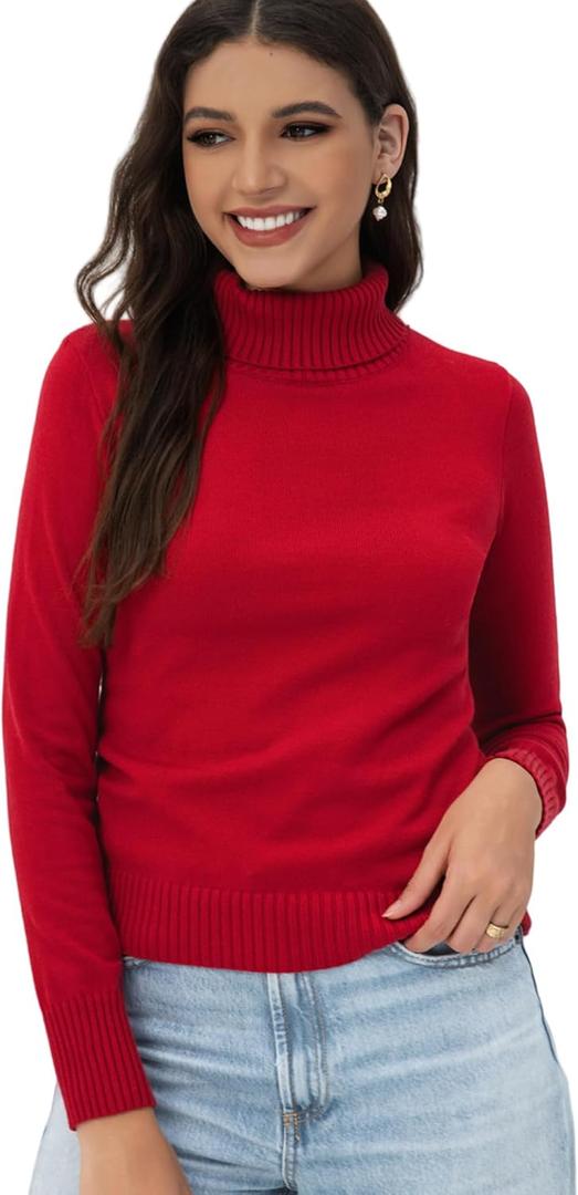 2025 Women's High Neck Long Sleeve Knitted Sweater, Fashionable Women's Long Sleeve Pullover Sweater (Red, M)