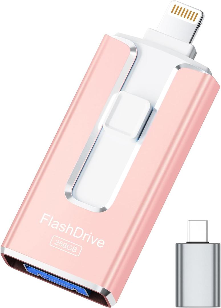 MFi Certified 256GB Flash Drive for iPhone iPad, Photo Stick for External Memory Storage, Easily Back Up and Save Photos Videos, USB Memory Stick Thumb Drive for iPhone/iPad/Android/PC (Rose Pink)