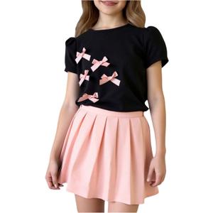 RoseSeek Girl's 2 Piece Preppy Summer Outfits 3D Bowknot T Shirt and Mini Pleated Skirts Clothing Set (Pink), 10Y