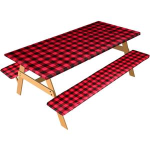 BBTO Vinyl Picnic Table Cover with Bench Covers 72 x 30 Inch Waterproof Outdoor Elastic Tablecloth for 6 ft Rectangle Tables Flannel Backed Washable Buffalo Plaid Tablecloth for Christmas