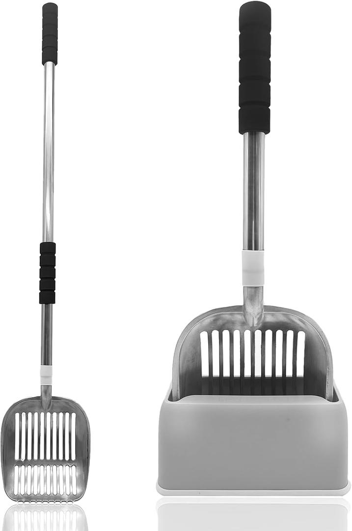 PINVNBY Cat Litter Scooper, Long Handle Litter Sifter Scoop with Litter Scoop Holder Stainless Steel Kitten Scooper Deep Kitty Litter Scooper with Box Metal Detachable Sifting Litter Shovel Set (Silver)