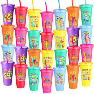 28 Pcs Fiesta Tumbler with Straw and Lid 24 oz Mexican Water Bottle Iced Coffee Travel Mug Cup Reusable Plastic Cups for Cinco De Mayo Party Decorations Fiesta Taco Birthday Party (Vivid)