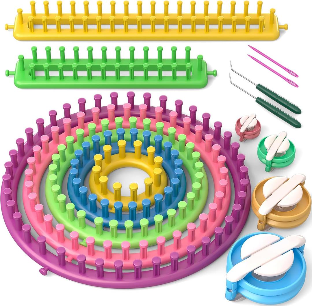 READAEER Knitting Loom Kit with Pompom Maker, Round Knitting Loom for Hat, Rectangular for Blanket Scarf Shawl, Knitting Loom Kit for Beginner