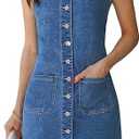 luvamia Denim Dresses for Women Sleeveless Stretchy Jean Summer Casual Western Short Button Down Dress with Patch Pocket L/XL