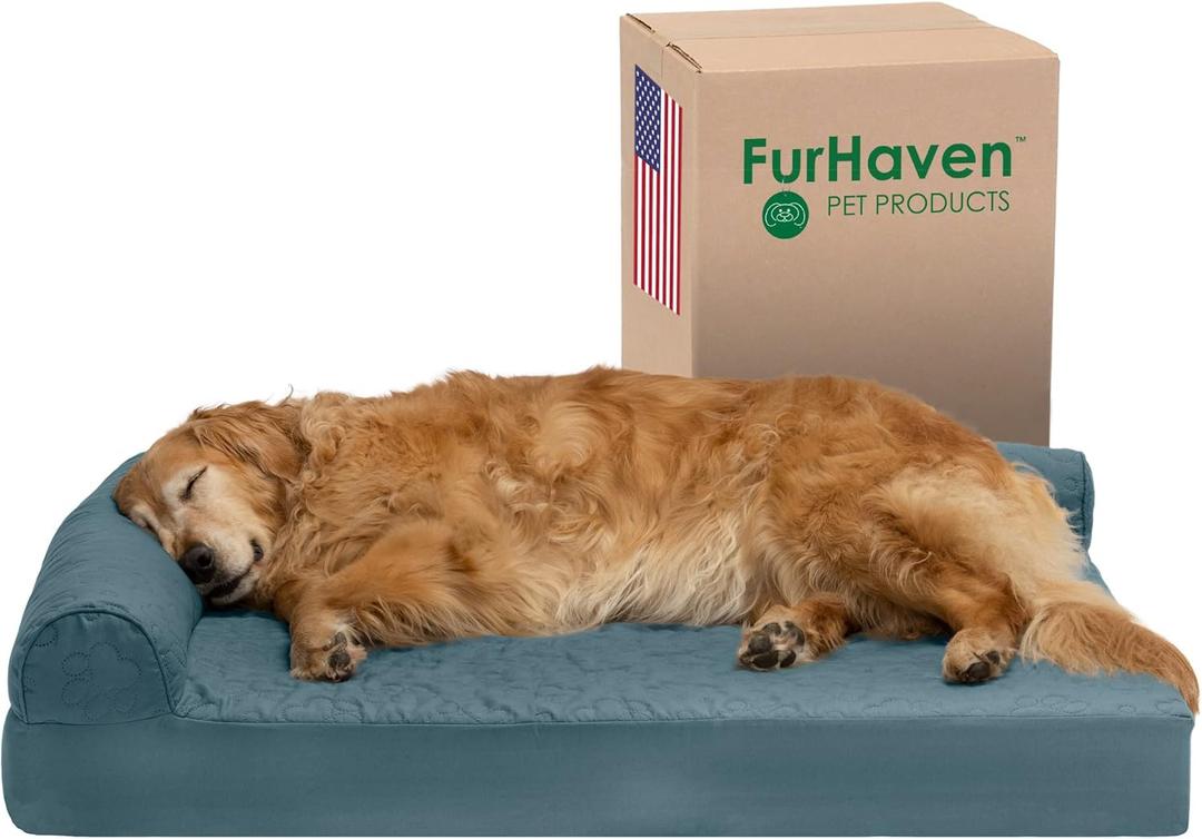 Furhaven Cooling Gel Dog Bed for Large Dogs w/ Removable Bolsters & Washable Cover, For Dogs Up to 95 lbs - Pinsonic Quilted Paw L Shaped Chaise - Bluestone, Jumbo/XL (40.0"L x 32.0"W x 8.0"Th)