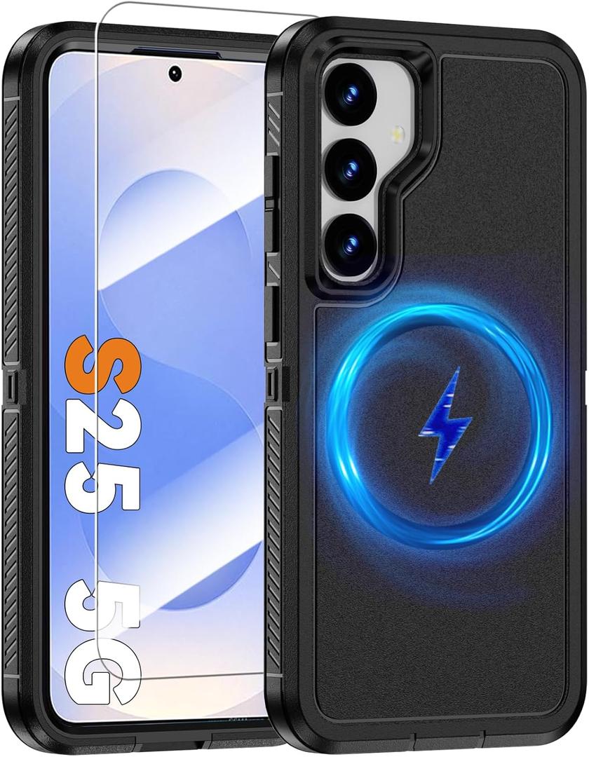 Magnetic Case for Samsung Galaxy S25 with Screen Protector [Compatible with MagSafe Wireless Charging] [Dual Layer Military-Grade Protection] Heavy Duty Rugged Shockproof Protection Cover, Black