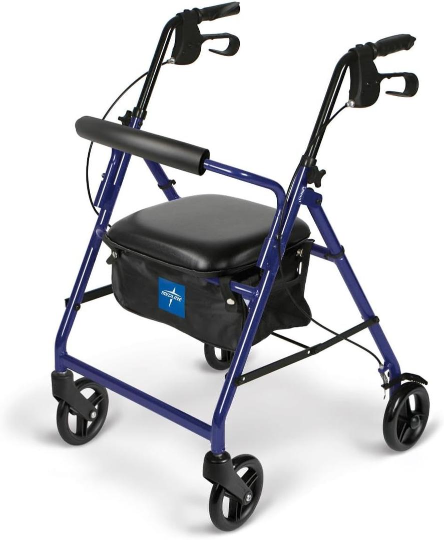 Medline Aluminum Rollator Walker with Seat, Blue, 250 lb. Weight Capacity, Lightweight, 6 Wheels, Foldable, Adjustable Handles, Rolling Walker for Seniors