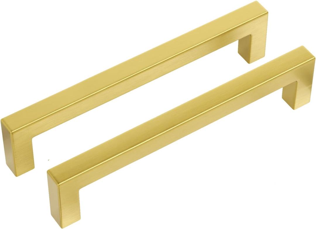 Haidms 10 Pack | 6-5/16inch Gold Cabinet Handles Brushed Gold Drawer Pulls Stainless Steel Cabinet Hardware Square Bar Modern Cabinet Handles for Kitchen Bathroom Cupboard