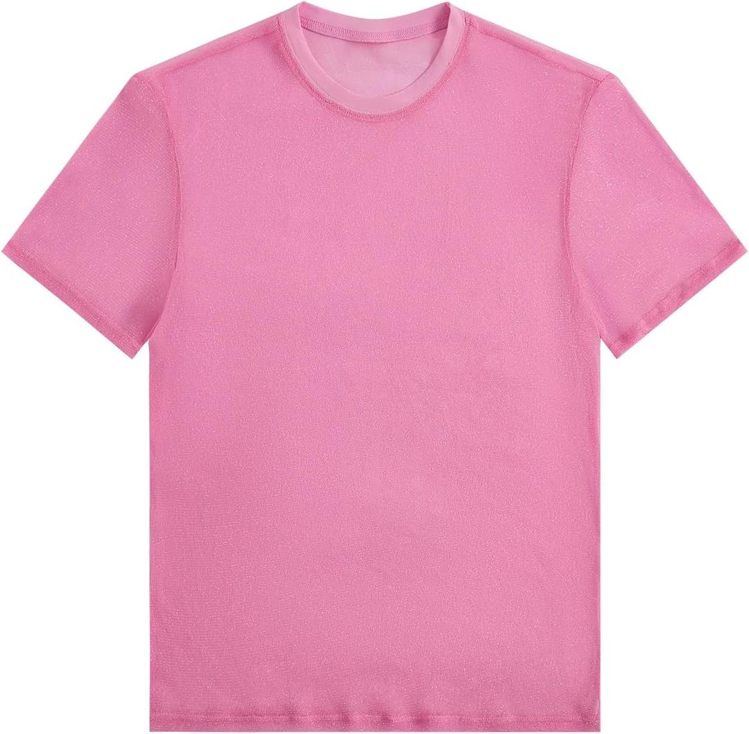 WDIRARA Men's Glitter Mesh Sheer T Shirt See Through Short Sleeve Shirt (Pink, S)