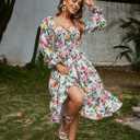 Women Square Neck Floral Dress Long Sleeve Boho Wedding Guest Dresses (S)