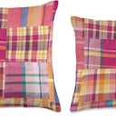 Cute Preppy Madras Plaid Patchwork Summer Pattern Throw Pillow, 16x16