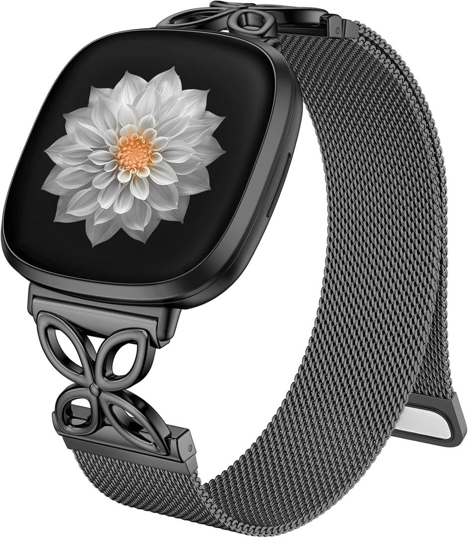 JKD Floral Shape Metal Band Compatible with Fitbit Versa 4/Versa 3/Sense/Sense 2 Bands for Women Men, Mesh Straps Stainless Steel Sports Wristband for Fitbit Sense 2/Versa 4/Versa 3 Smartwatch, Black