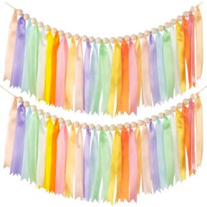 2 Packs Pastel Rainbow Ribbon Garland, Colorful Hanging Banner for Back to School Classroom Decoration, Wall Hanging for Nursery, Handmade Banner Decor for Baby Shower Party Birthday