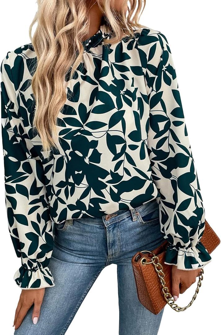 MakeMeChic Women's Floral Print Long Sleeve Ruffle High Neck Blouse Shirt Top (Blue, XL)