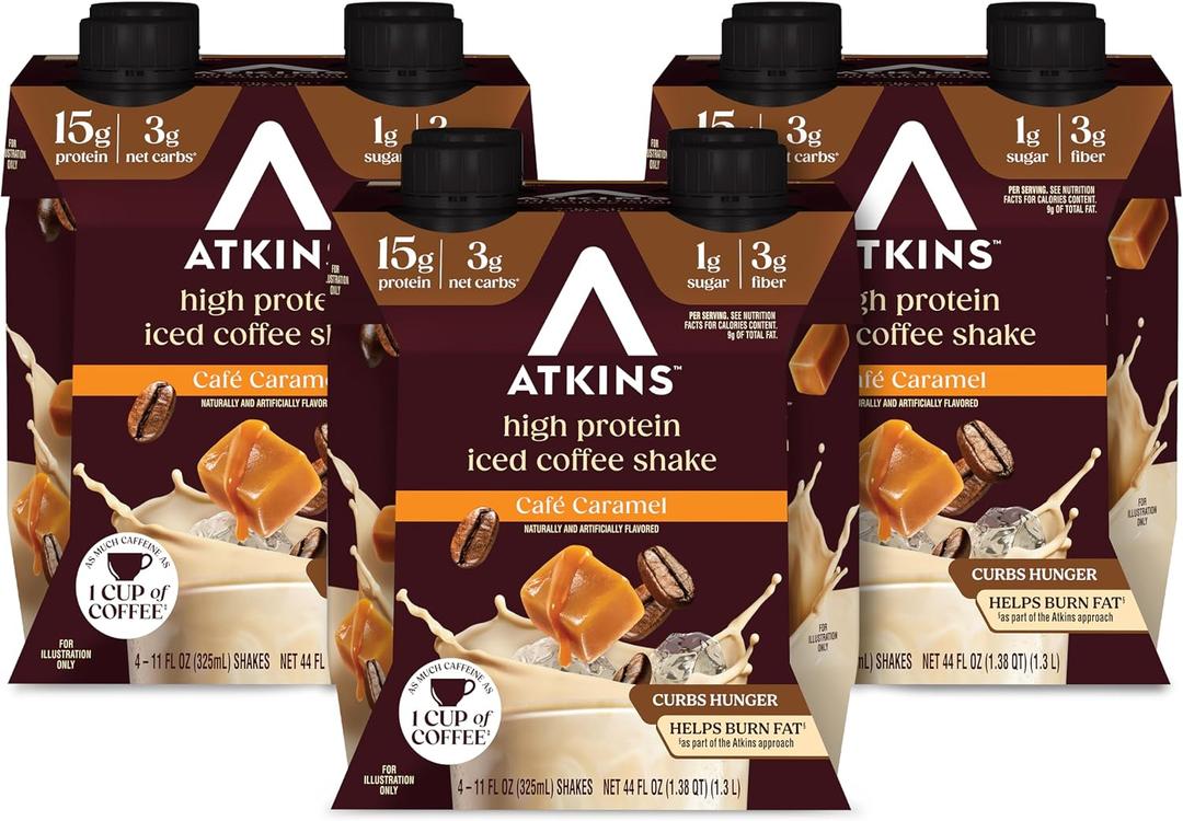 Atkins Caf Caramel Iced Coffee Flavored Protein Shake, High Protein Shake, Low Glycemic, Low Carb and Low Sugar, Keto Friendly, Gluten Free, 12 Count