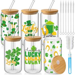 6 Pcs St Patrick's Day Glass Cups Shamrock Tumbler with Bamboo Lids and Straws 16 oz Irish Lucky Clover Reusable Can Shaped Drinking Glasses Bulk for St Patrick's Day Party Supplies