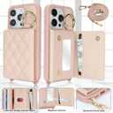for iPhone 15 Pro Case with Card Holder and Strap for Women,Crossbody Lanyard, Make Up Mirror,Ring Stand,Snap Clasp,Cute Phone Wallet Cases 6.1 inch - Rose Gold