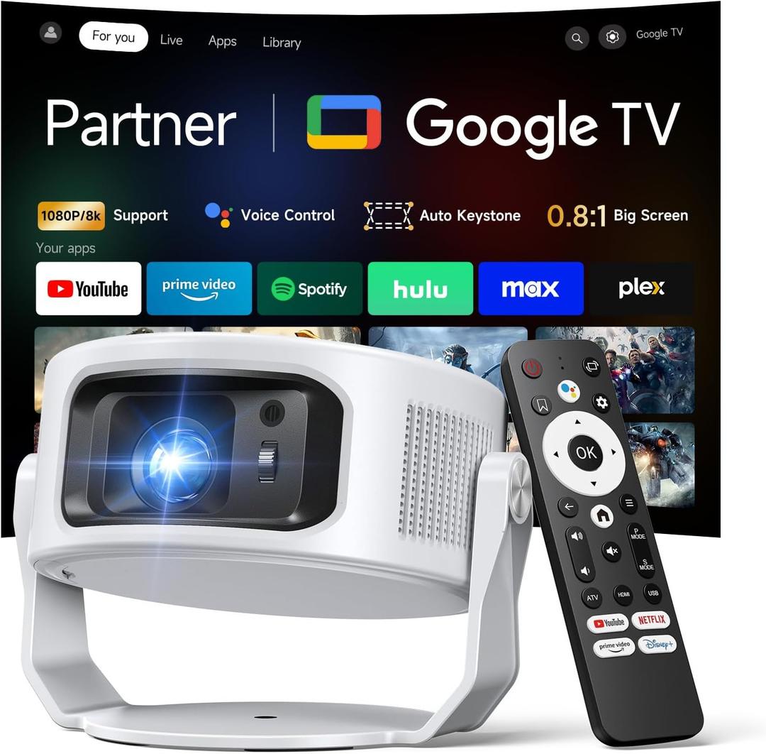 PhiloentGoogle TV IncludedSmart Mini Projector, Ultra Short Throw for Big Screen in Small Room, Auto Keystone Portable Proyector with WiFi Bluetooth, Support 4K Movie Home Theater Bedroom Outdoor