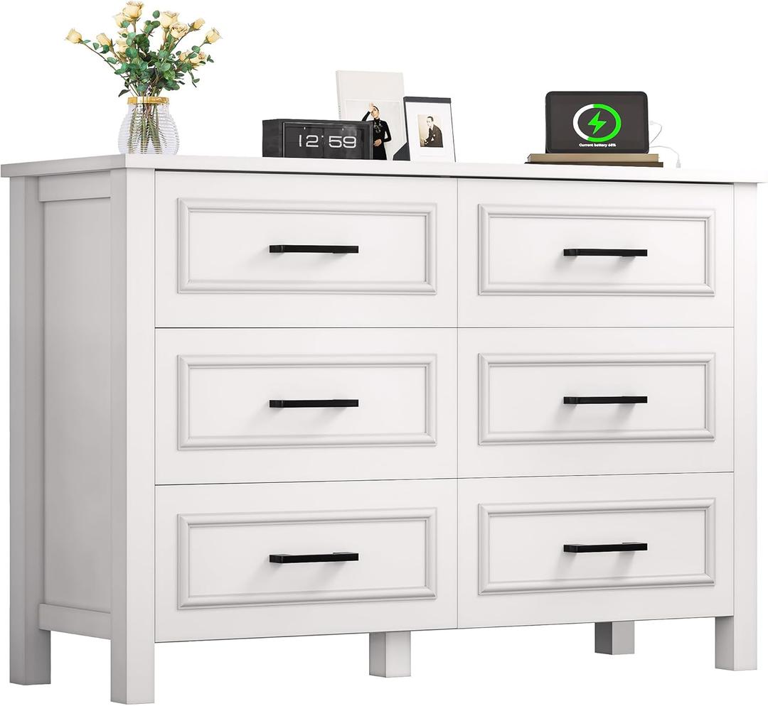 YITAHOME 6-Drawer Dresser with Built-in Power Outlet, Wood TV Stand with 6 Large Drawers and Bar Handles, White Dresser Chest of Drawers for Living Room, Hallway, Entryway