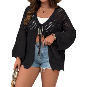 Women's Plus Size Lightweight Cardigans Tie Front Summer Crochet Long Sleeves Hollow Out Thin Cardigan (Black, XXXL)