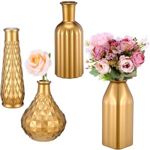 Set of 4 Gold Flower Vases - Small Gold Vases for Centerpieces, Elegant Glass Decorative Bud Vase for Wedding, Home, Table Decor with Vintage Golden Finish