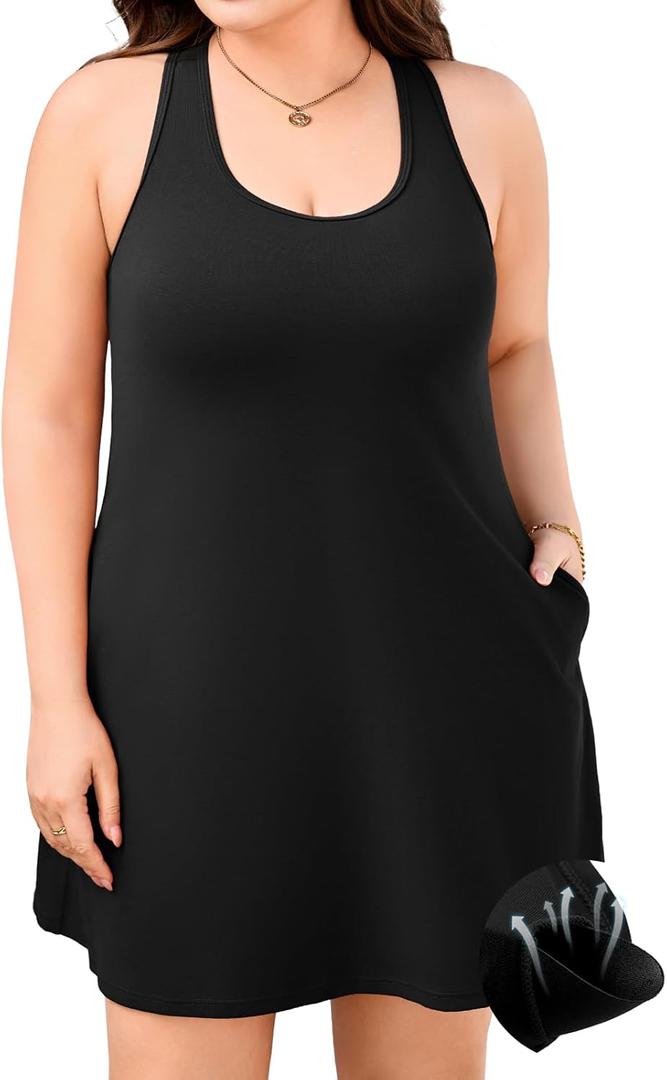 V FOR CITY Plus Size Summer Dresses with Built in Bra Pockets Casual Beach Sundress Scoop Neck Cotton Tank Dress Loose Black 2X