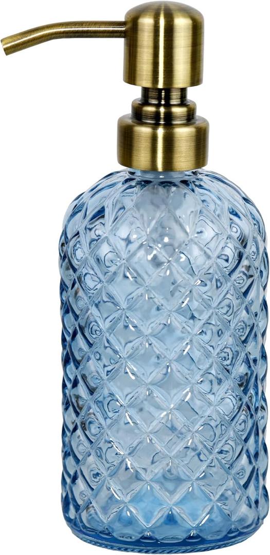 16 oz Glass Soap Dispenser with Vintage Gold Pump, Refillable Hand Soap Dispenser for Kitchen and Bathroom (Blue)
