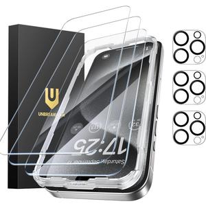 UNBREAKcable iPhone 15 Pro Max Screen Protector 3-Pack, 3 Tempered Glass + 3 Camera Lens Protectors, 9H Hardness, HD Clarity, Anti-Fingerprint, Case Friendly, 6.7 Inch