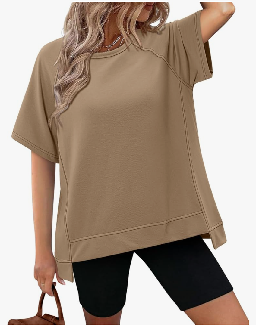 KISSMODA Womens Plus Size Tops Summer Oversized Tshirts Business Casual Outfits Short Sleeve Blouse Basic Clothes 2025 Size 2XL Brown