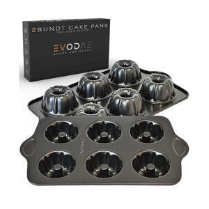 EVODAE® Mini Bundt Cake Pans for Baking Set of 2 – 12 Cup (2x6) Nonstick Black Carbon Steel – Heavy-Duty & Built to Last – Carefully Packaged in a Clean Black Box – PFOA & PTFE Free