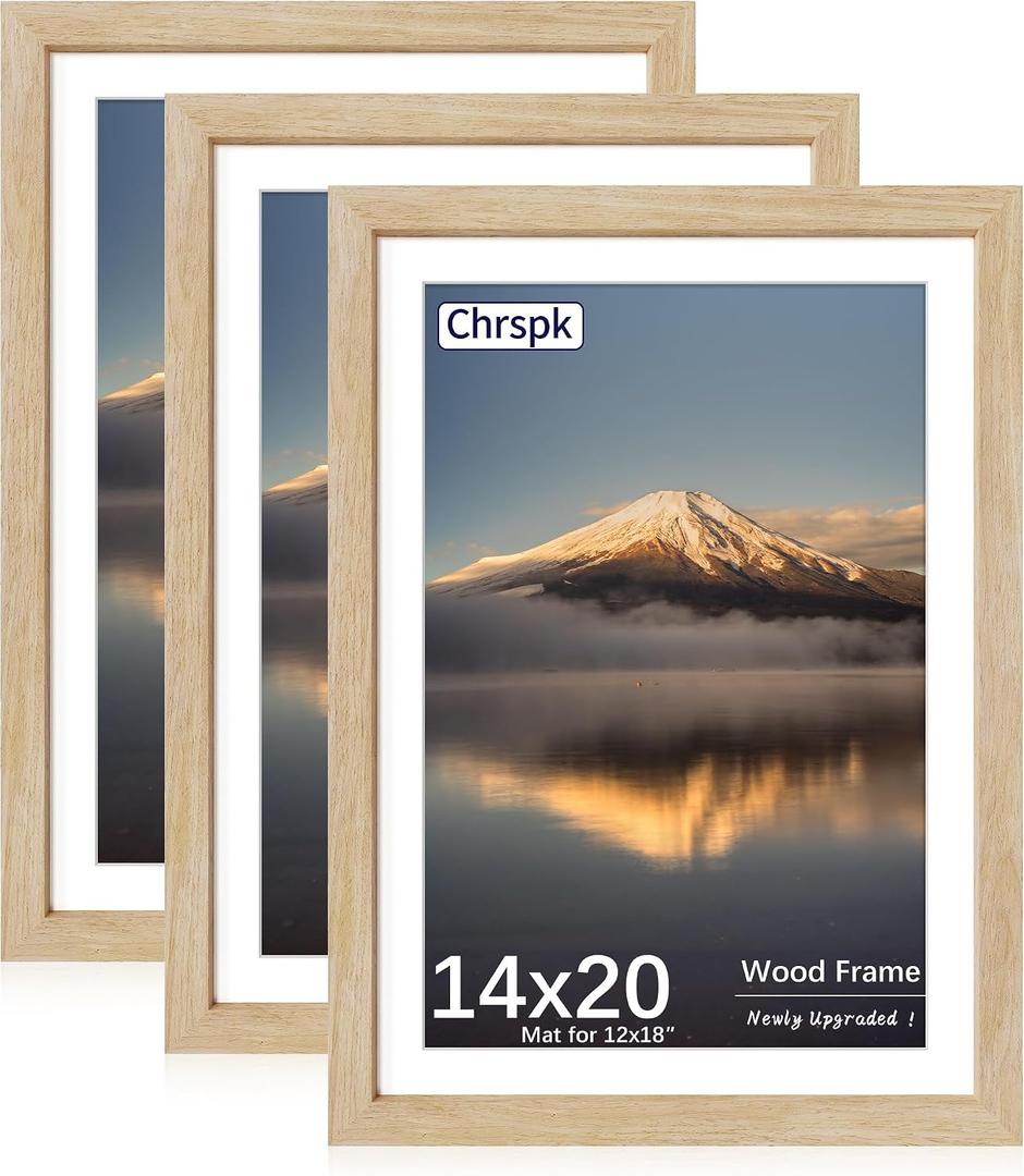 14x20 Poster Frame, Natural Oak Wood Frame with 12x18 Mat, 3 Pack