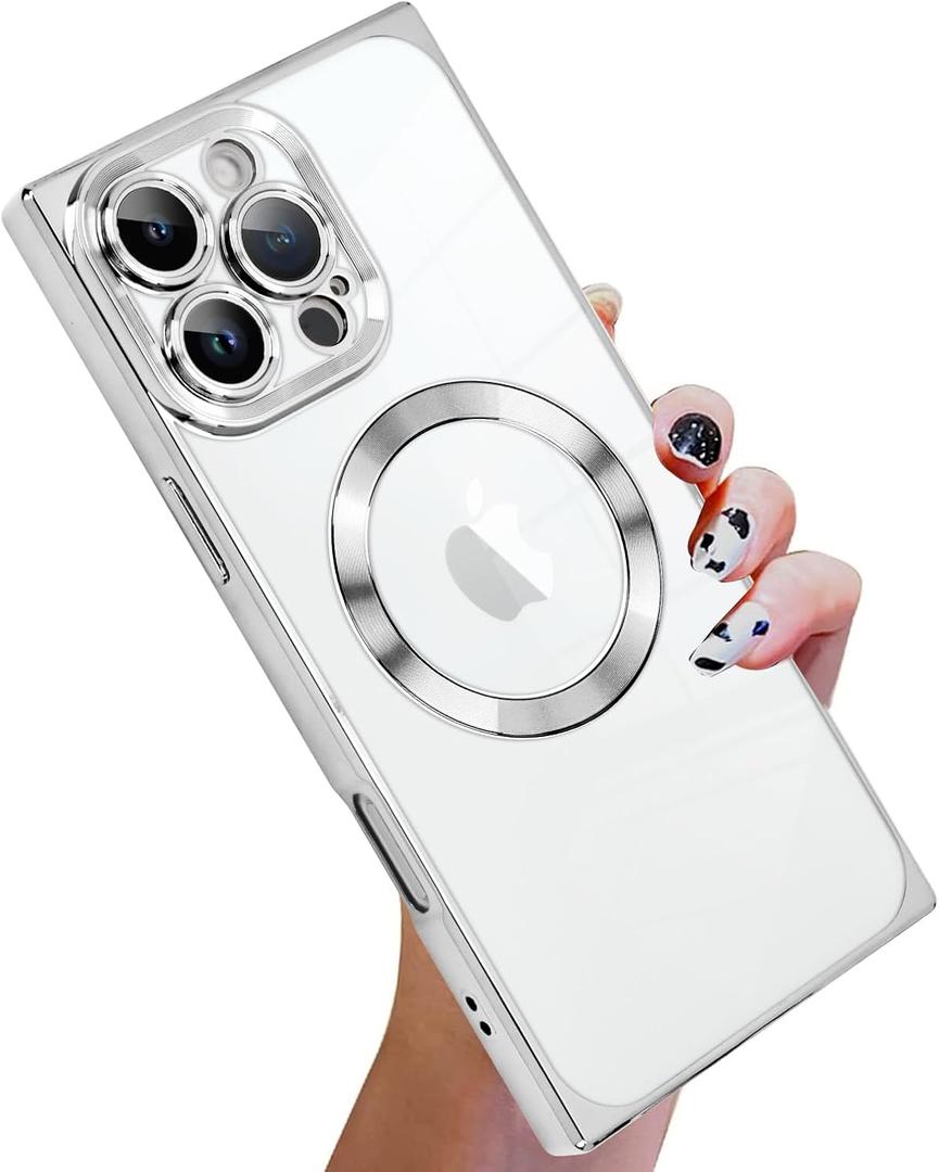 KANGHAR Case Designed for iPhone 16 Pro Max Case Magnetic Clear with Camera Lens Protector[Compatible with MagSafe] Luxury Cute Plating Design Full-Body Shockproof Protection Cover Sliver