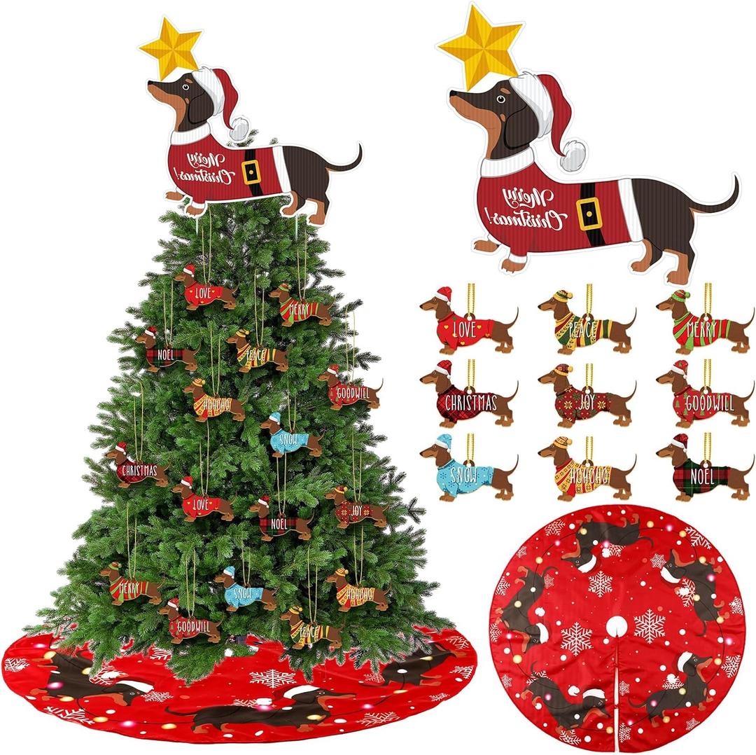 29 Pcs Christmas Tree Ornaments Set Dachshund Dog Star Christmas Tree Topper Decoration Ornament 27 Pcs Dachshund Dog Ornament Wood 48 Inch Christmas Tree Skirt Winter Holiday Party Decor